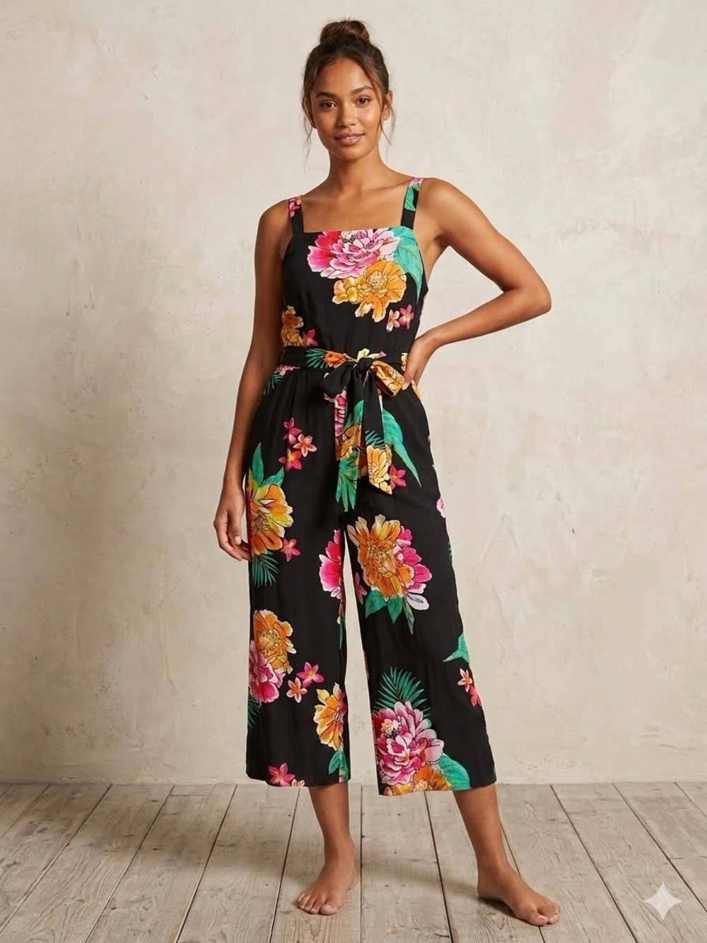 Old Navy | Tropical Print Linen Blend Wide Leg Crop Jumpsuit With Pockets Medium